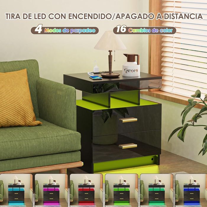 Промоция!Нощно шкафче с 2бр,чекмеджета и 16 цвята RGB LED/2 AC контакта, 2 USB порта