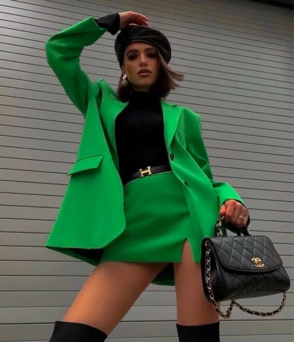 Дамски сет сако размер S и пола размер XS Zara цвят неоново зелен