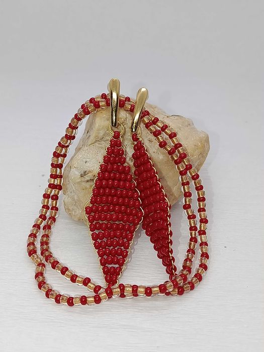 Set cercei si bratari handmade  Rosu si Auriu, Lucrati Manual