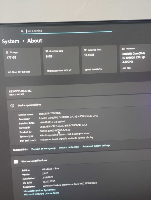 PC Gaming i5 10600K/16gb/512ssd/RX 5700 XT 8gb