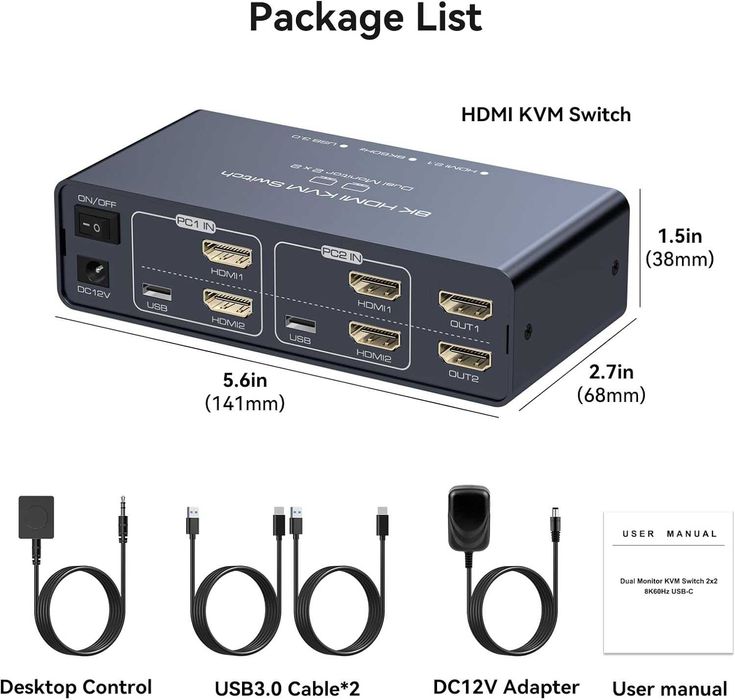 Comutator Switch KVM VEDINDUST 2PC 2monitoare 8K-60Hz Dual HDMI USB C