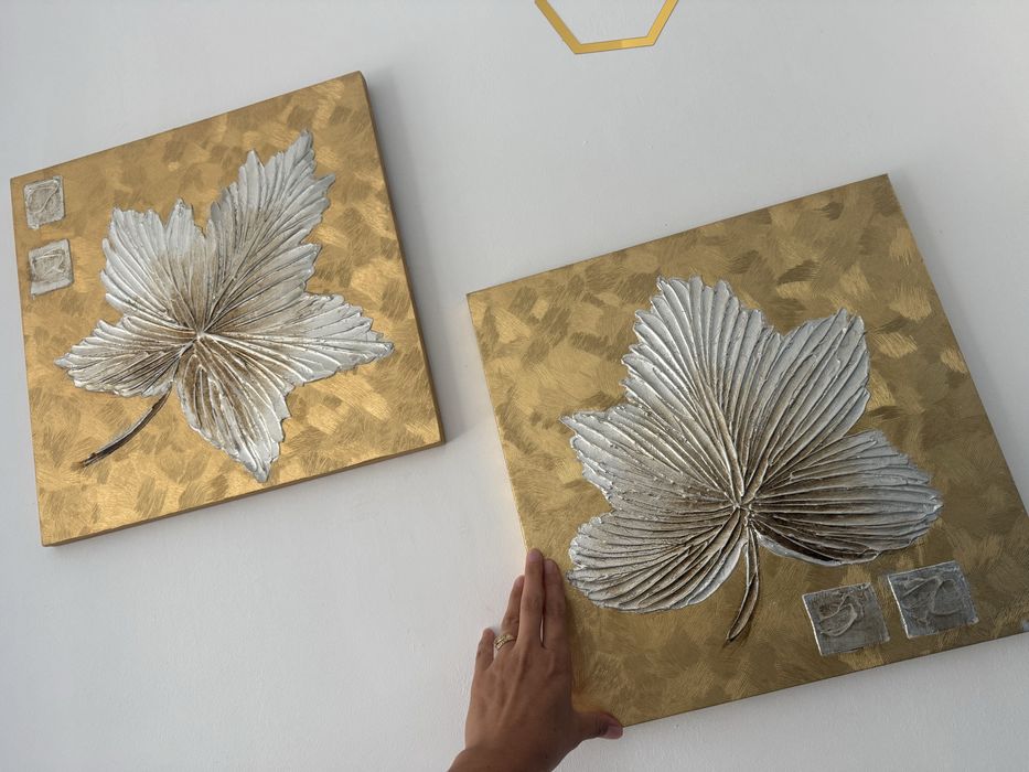Set 2 tablouri 3D Frunze de Artar Argintii pe fundal Auriu (Pictură texturată)