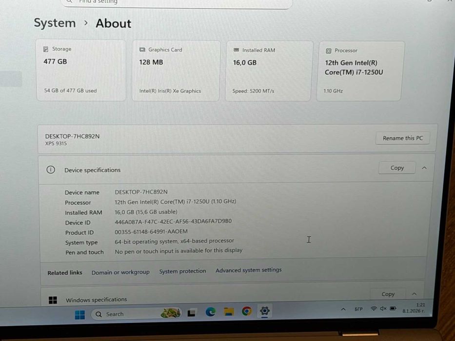 Dell XPS 9315 Intel i7-1250U/16RAM/512SSD/Iris XE Graphics/Full HD+