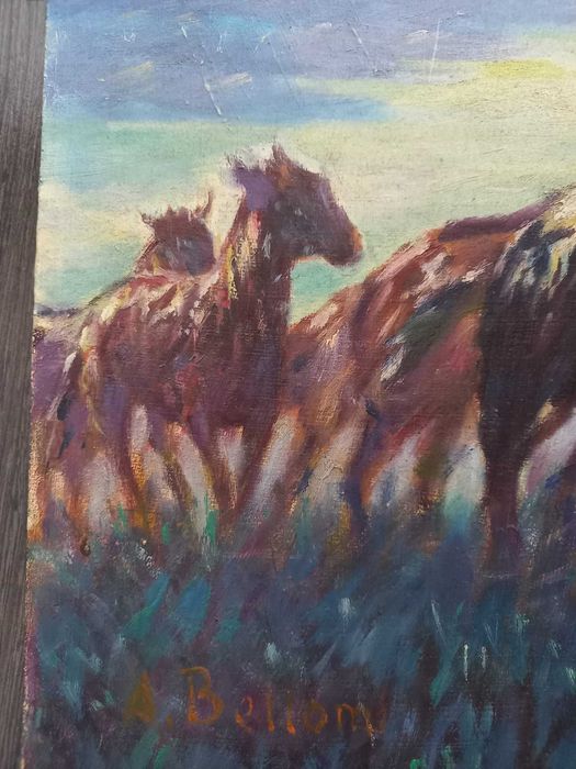 A. Bellomi – „Cai urcând un deal” – ulei pe placaj, 35 × 50 cm