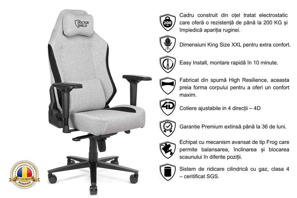 Scaun Gaming Dr.Shield Capsule Textil, Rezistenta 200 KG - Gri