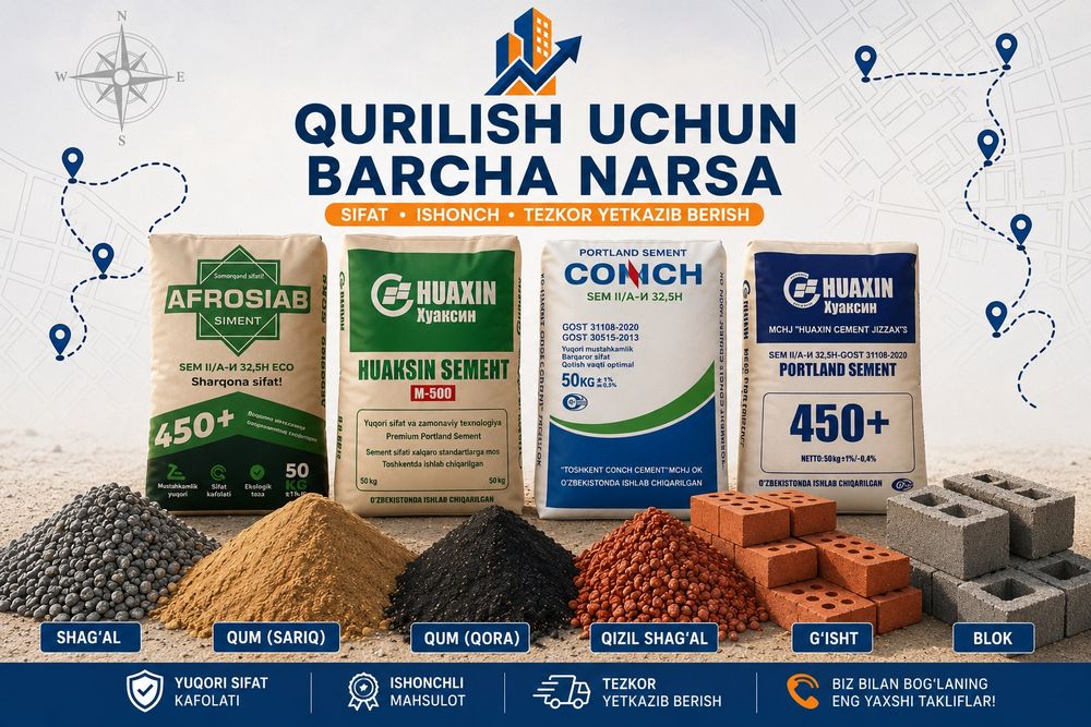 Qurilish mollari yetkazib berish hizmatlari Samarqand shahar bo'ylab