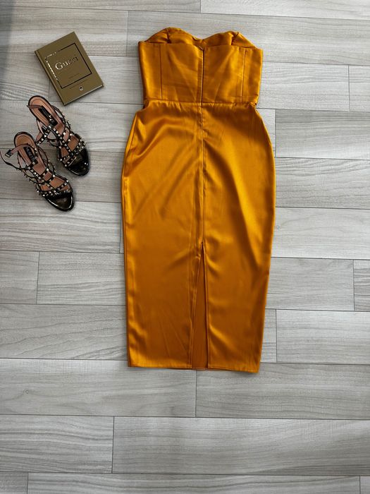 Rochie corset midi galben muștar cu mâneci detașabile