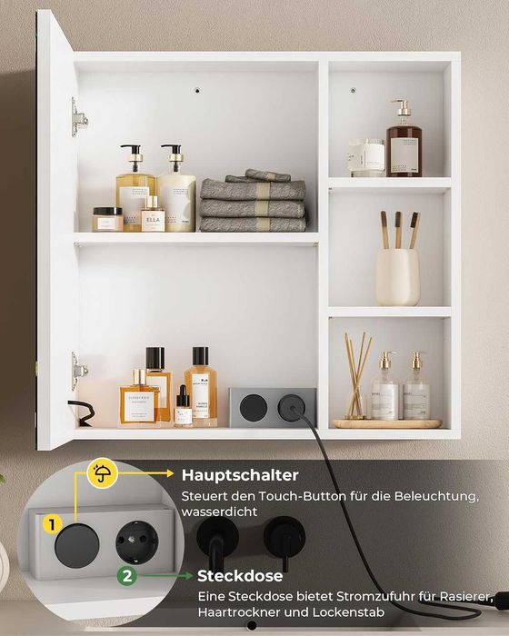 Огледален шкаф за баня с осветление и контакти