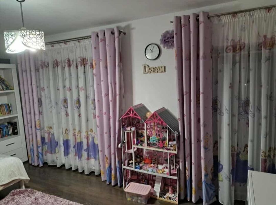 2 perdea și 3 draperie, elegante, camera fetita roz mov cu printese