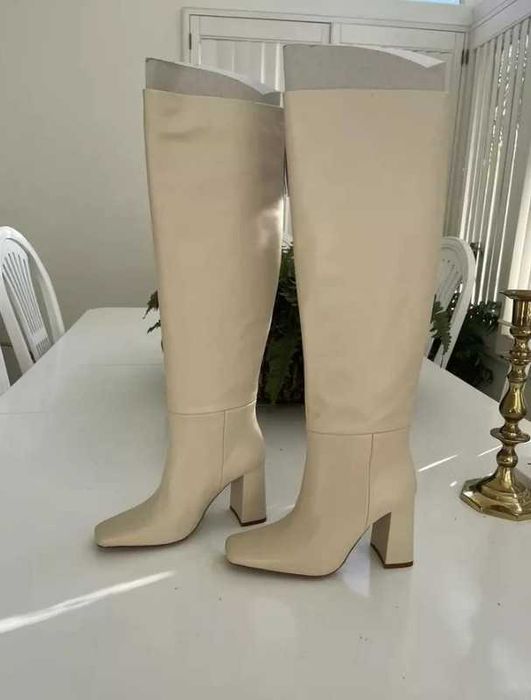 Zara cizme piele naturala tubice bej toc mic peste ghenunchi