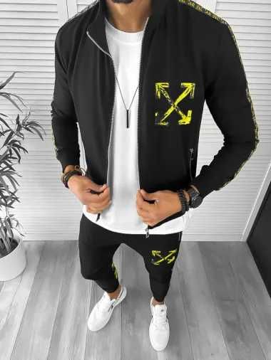 Trening barbati slim fit negru cu galben Pantaloni + Hanorac