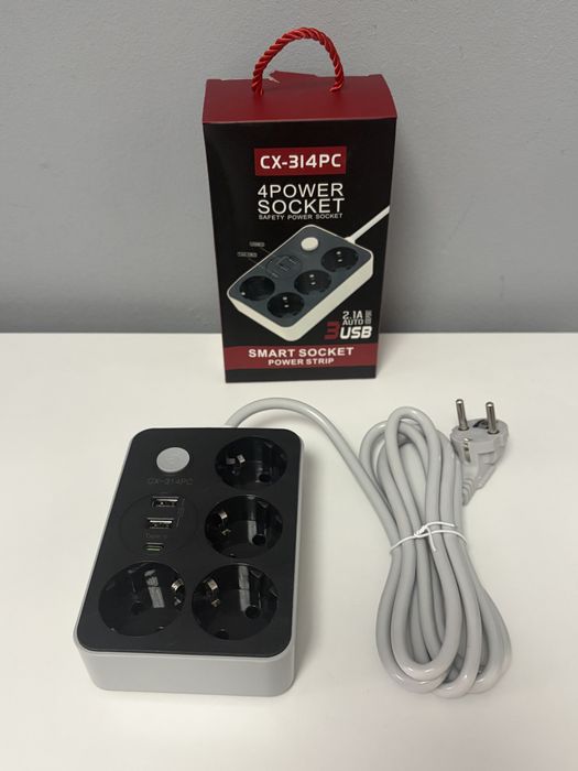 Prelungitor ALFTEC cu 4 Prize Schuko, 2x USB-A + USB-C, Incarcare Inteligenta 2.1A, Buton ON/OFF, Cablu 2 m, 2500W, 10A, CX-314PC