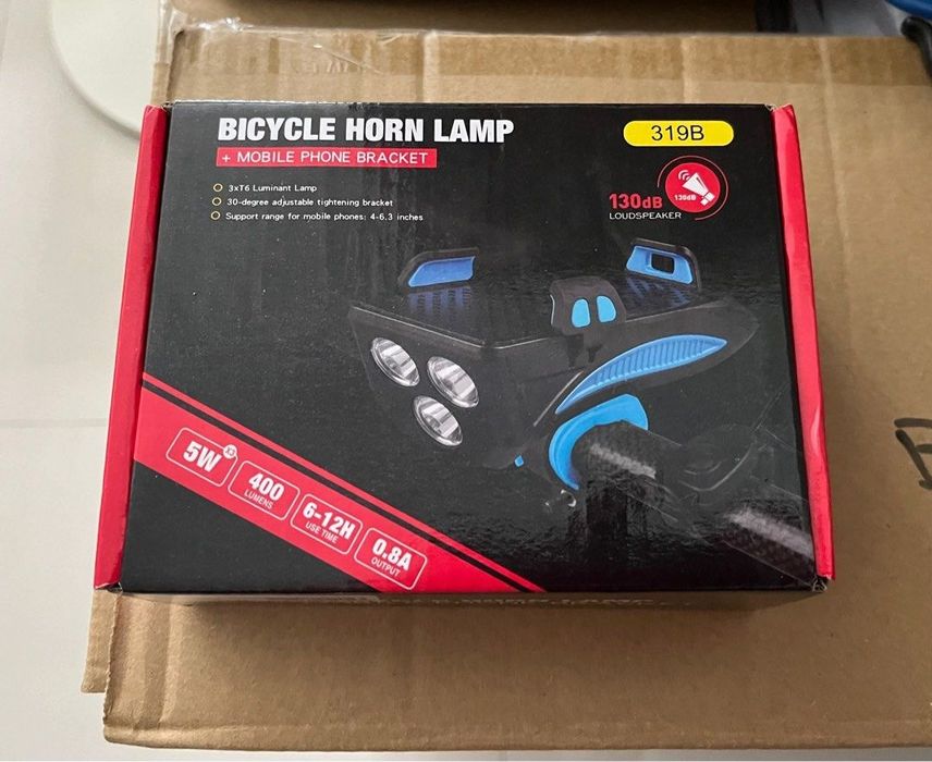 Lanterna bicicleta cu suport telefon si claxon cu reîncărcare