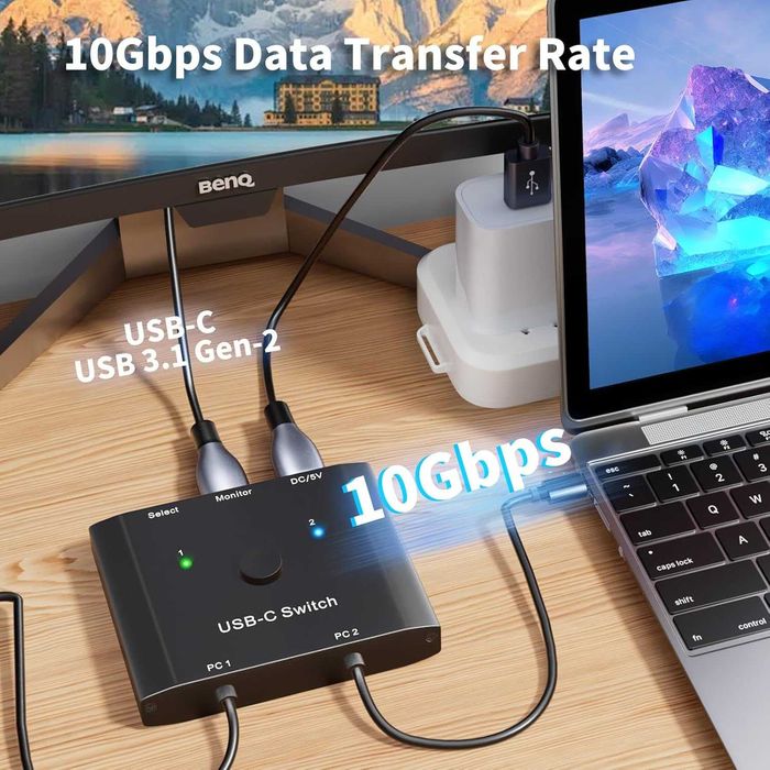 Switch USB-C 2 in 1 YOUTINGHDAV Switcher 2 Laptopuri 1 Monitor 4K 120Hz Video Alt DP Transfer 10Gbps Incarcare 100W PD Telecomanda Fir Produs Nou