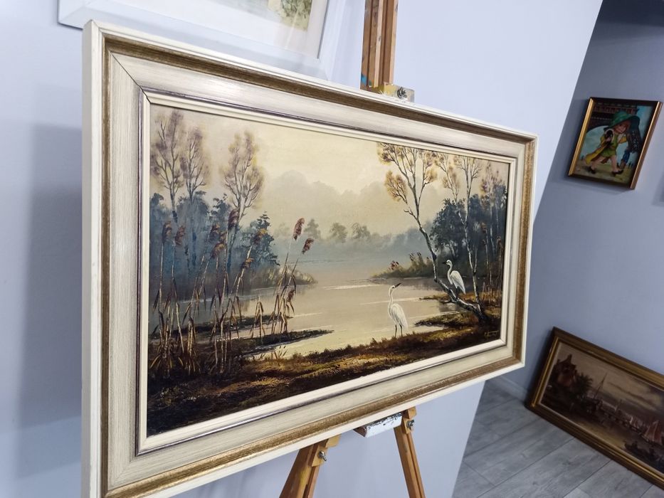 Голяма оригинална маслена картина "Silberreiher" (Бяла чапла) от немския художник Рудолф Хиршел – Мюнхенска школа