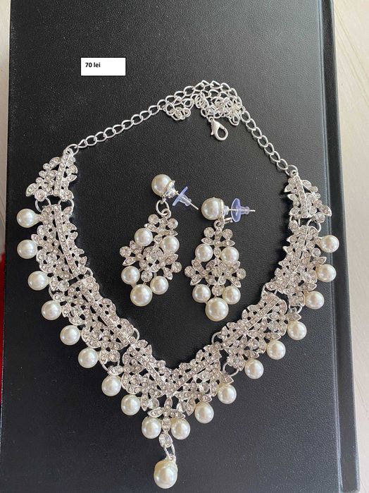 Set colier si cercei cu perle argintiu elegant ocazie sau mireasa NOU