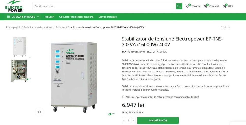 Stabilizator tensiune trifazat ELECTRO POWER 20KVA 400V Servo