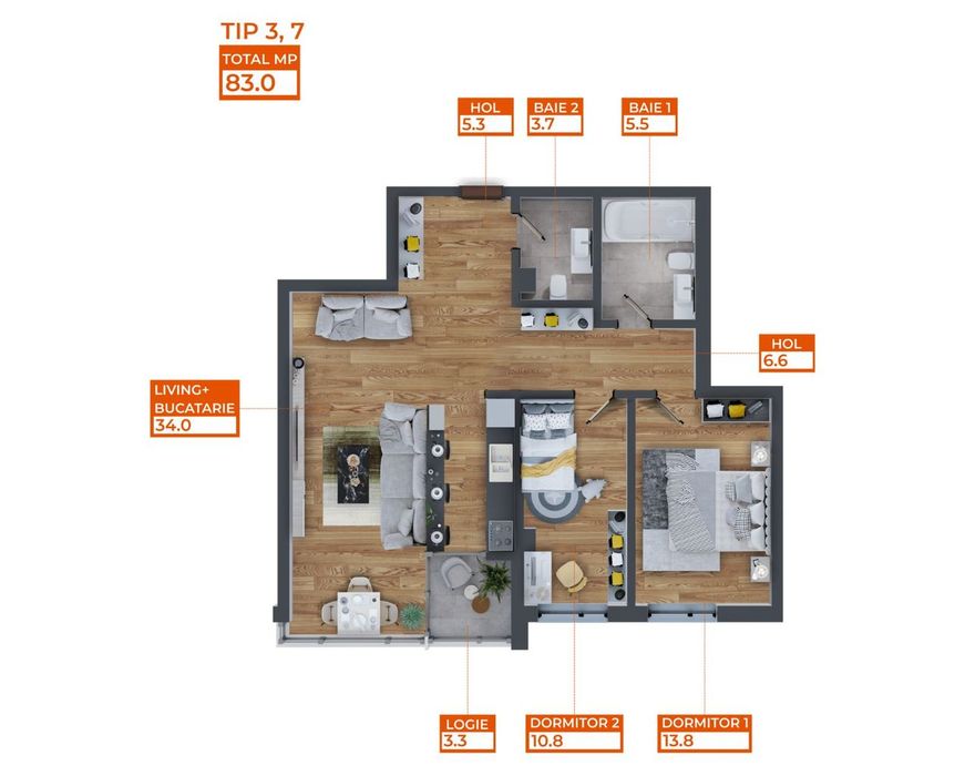 Apartament 3 Camere | 83 mp | Comat Towers | Pacurari | Dacia