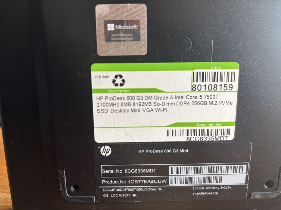 Компютър мини HP ProDesk 600 G3 Mini | Intel Core i5 | 8GB RAM | 256GB SSD | Лицензиран Windows 10 Pro