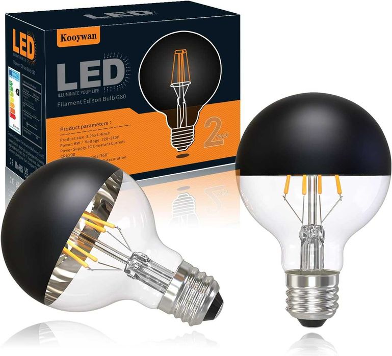 Черни LED крушки Винтидж E27 Цокъл на винт 2700K Топло бяла светлина G80/G25 Кълбовидна Димируема Декоративна Edison LED крушка 6W KOOYWAN