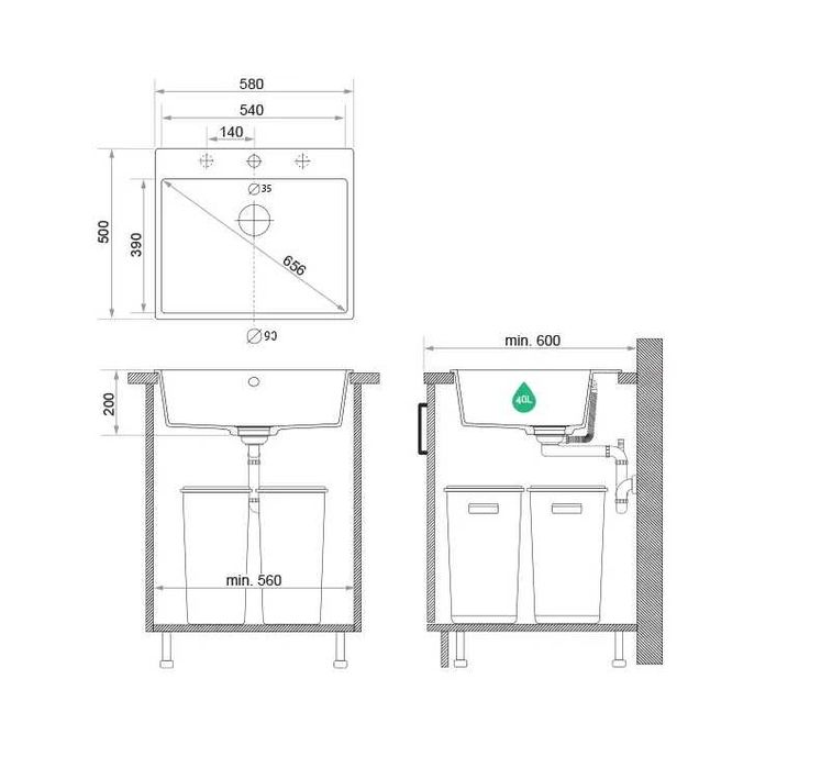 Комплект ПРОМ Мивка+Смесител+Сифон Кухненска Мивка Рига 60 XL 9700 Pro