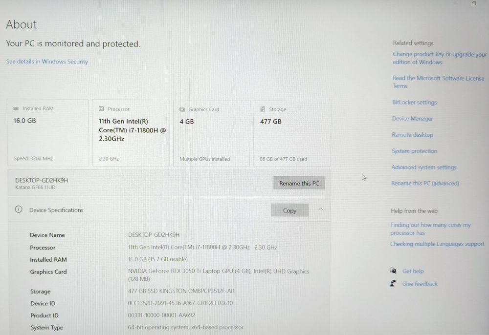 Laptop MSI Katana GF66 FHD 144Hz/i7-11800H/16GB/512SSD/RTX 3050 Ti 4GB