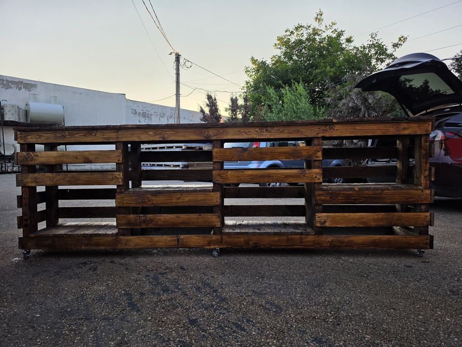 Bar mobil rustic din lemn, 3 m, iluminare LED și roți