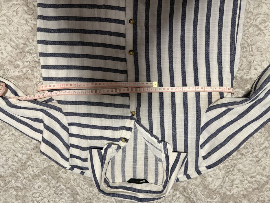 Cămașă damă DeFacto S alb crem cu dungi bleumarin elegant casual