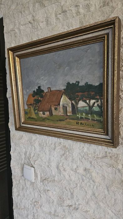 Красива картина с къщи. Масло.