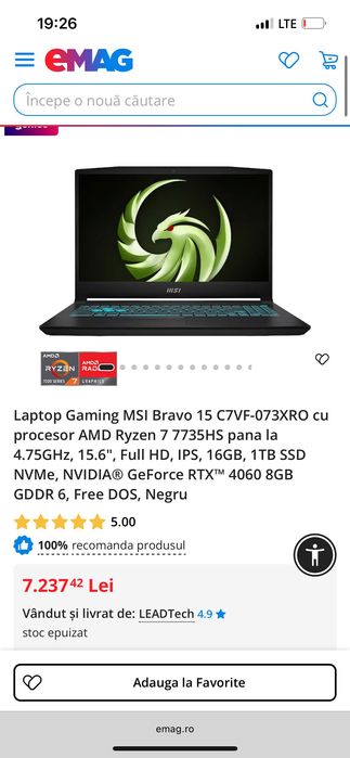 Laptop Gaming MSI Bravo 15 C7VF-073XRO