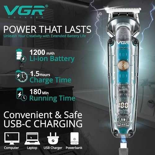 Нов Мъжки Тример за Брада Мустаци и Нос VGR, USB-C, LED, 180 Мин, IPX6