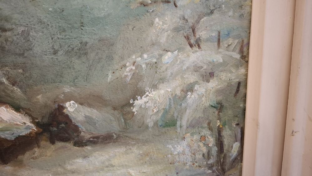 Tablou vechi, ulei pe carton, rama lemn, semnat