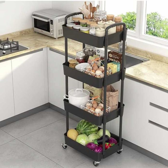 Carucior Raft Depozitare cu 4 Niveluri Roti 360 37x22x95cm Negru