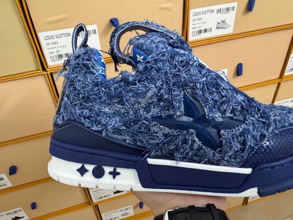 Louis Vuitton LV Trainer Maxi Sneaker Dark Blue Distressed Denim.