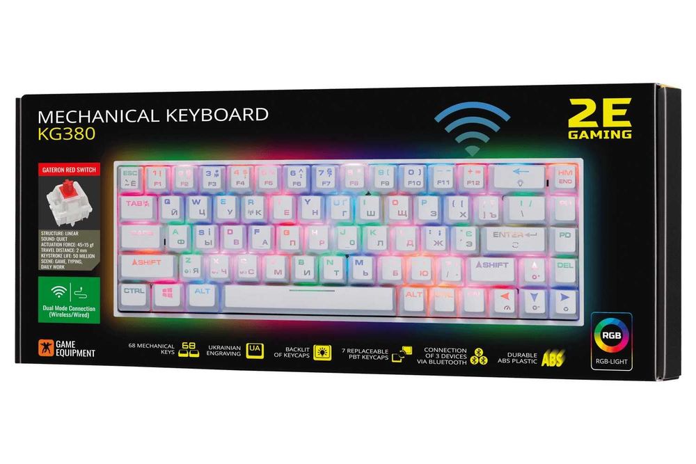 ; Игровая клавиатура 2E KG380 USB 68 key Gateron Red Switch White