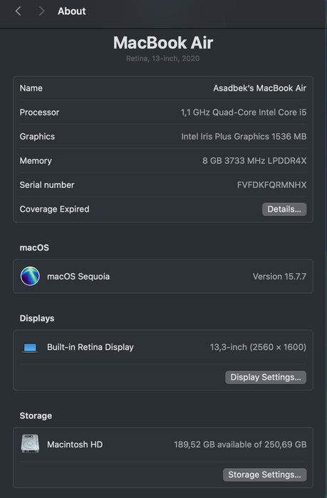 Macbook Air 2020 8/256