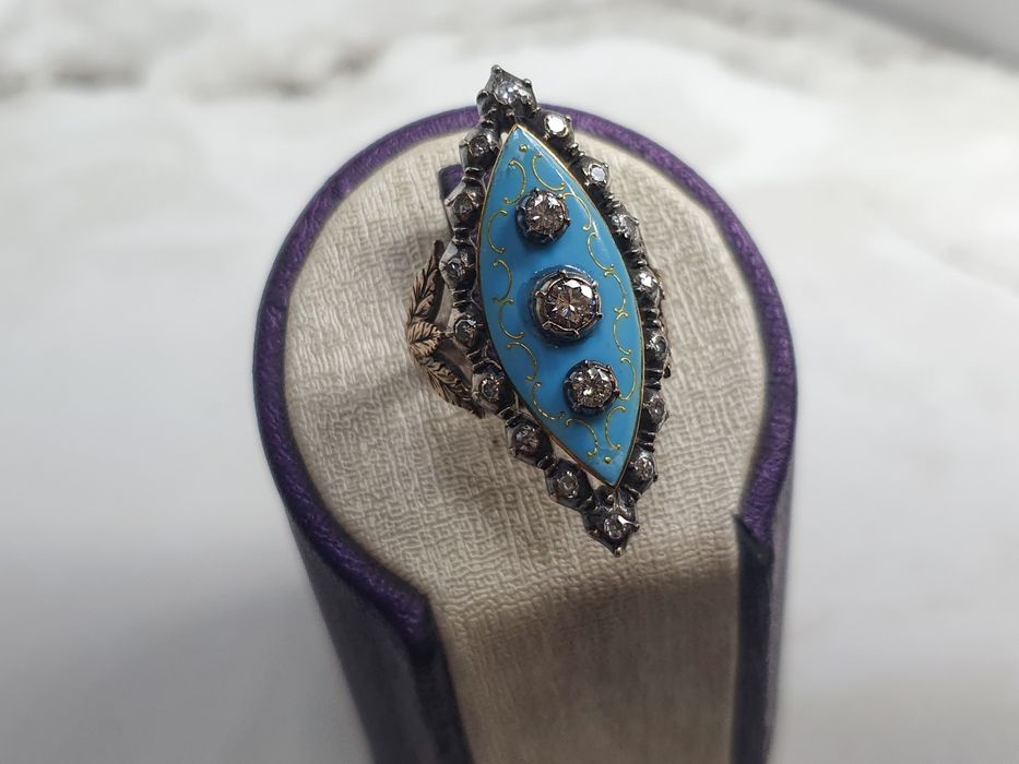 Inel Marquise antic din aur de 14K și argint cu diamante naturale și email turcoaz – mărimea 58 – 8,76 g