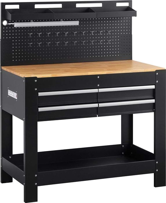 Banc de lucru metalic profesional 3 sertare, blat lemn masiv, panou iluminat LED, prize 230v, port USB , lungime 115 cm