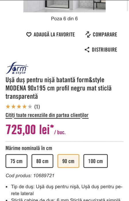 Usa Dus Batanta Basano Modena 90x195 cm Profil Negru mat