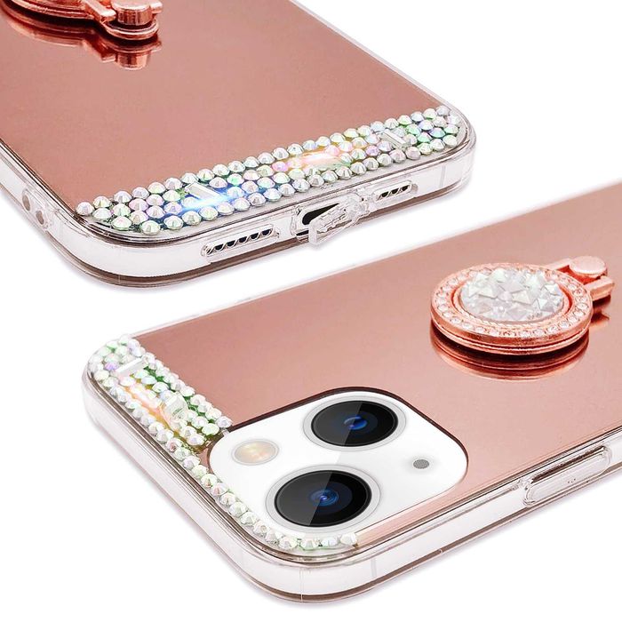 Husa tip oglinda cu inel si pietricele pentru iPhone 15 / 15 Plus