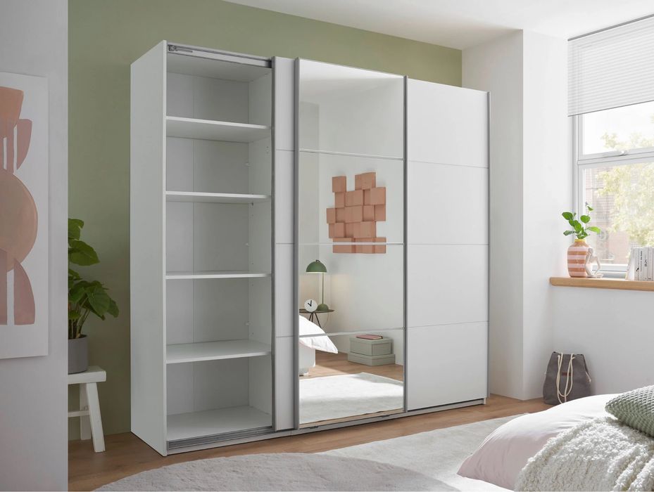 Dulap cu uși glisante și oglindă, alb, 215×204 cm