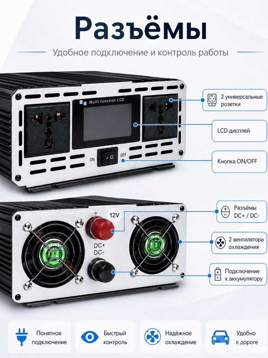 Инвертор автомобильный 12V – 220V. 6500W пиковая / 3200W номинальная