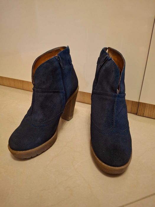 Дамски испански обувки на ток от естетствен материал, сини, номер 37