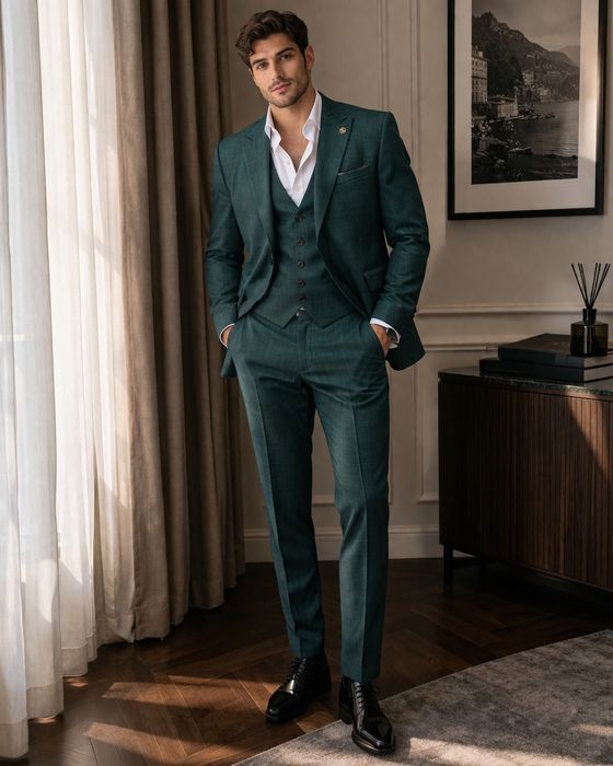 NOU Costum sacou verde bărbati foarte elegant (vest, pantaloni, sacou