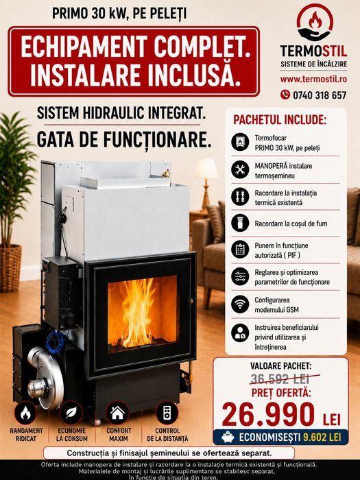 Termoșemineu 30 kw +  INSTALARE  INCLUSĂ /  Șemineu / Șeminee