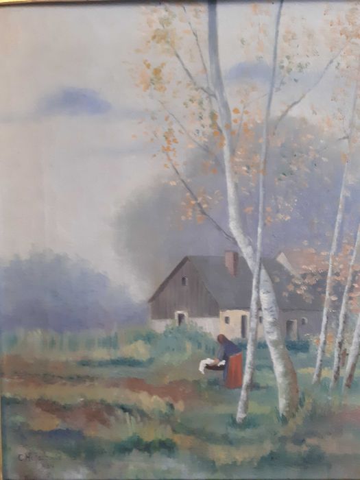 tablou vechi pictura pe panza 60/51 cm datat 1934