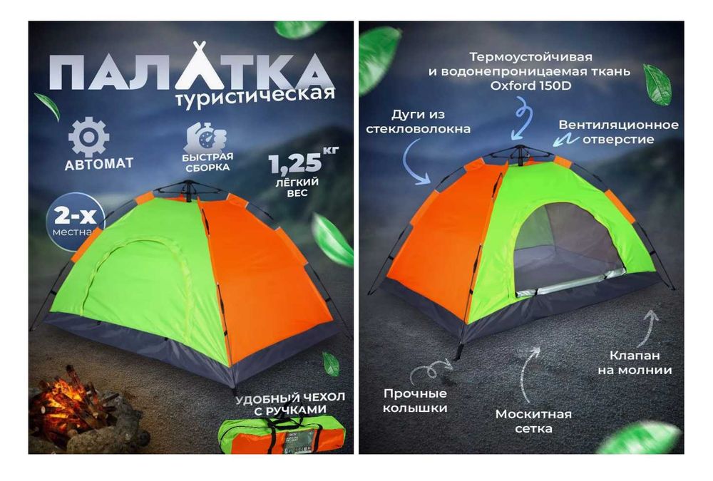 Палатка-1х2х1,25 м. 2х местный Доставка бесплатно