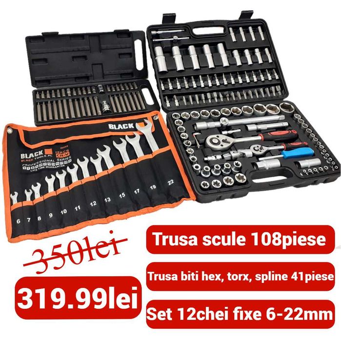 Trusa scule 108 piese + set 12 chei fixe 6-22mm + trusa biti 40 piese