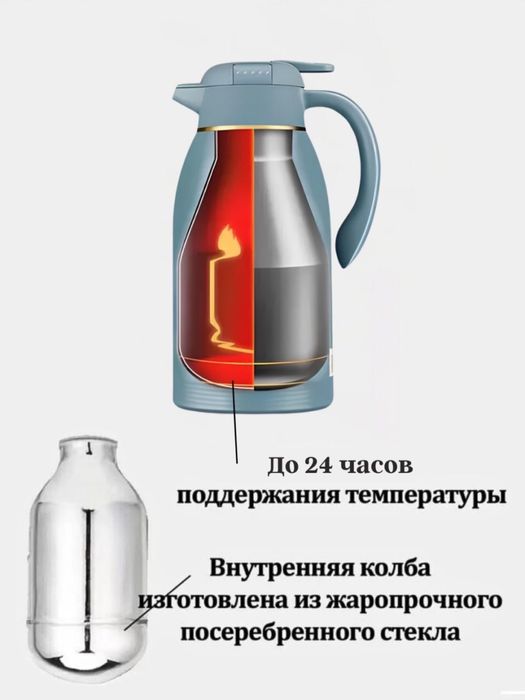 Термос-кувшин со стеклянной колбой, термо-чайник, для дома. 1,6 литра