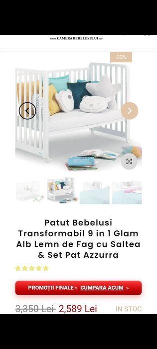 Patut Bebelusi Transformabil 9 in 1 Glam Alb Lemn de Fag cu Saltea & Set Pat Azzurra